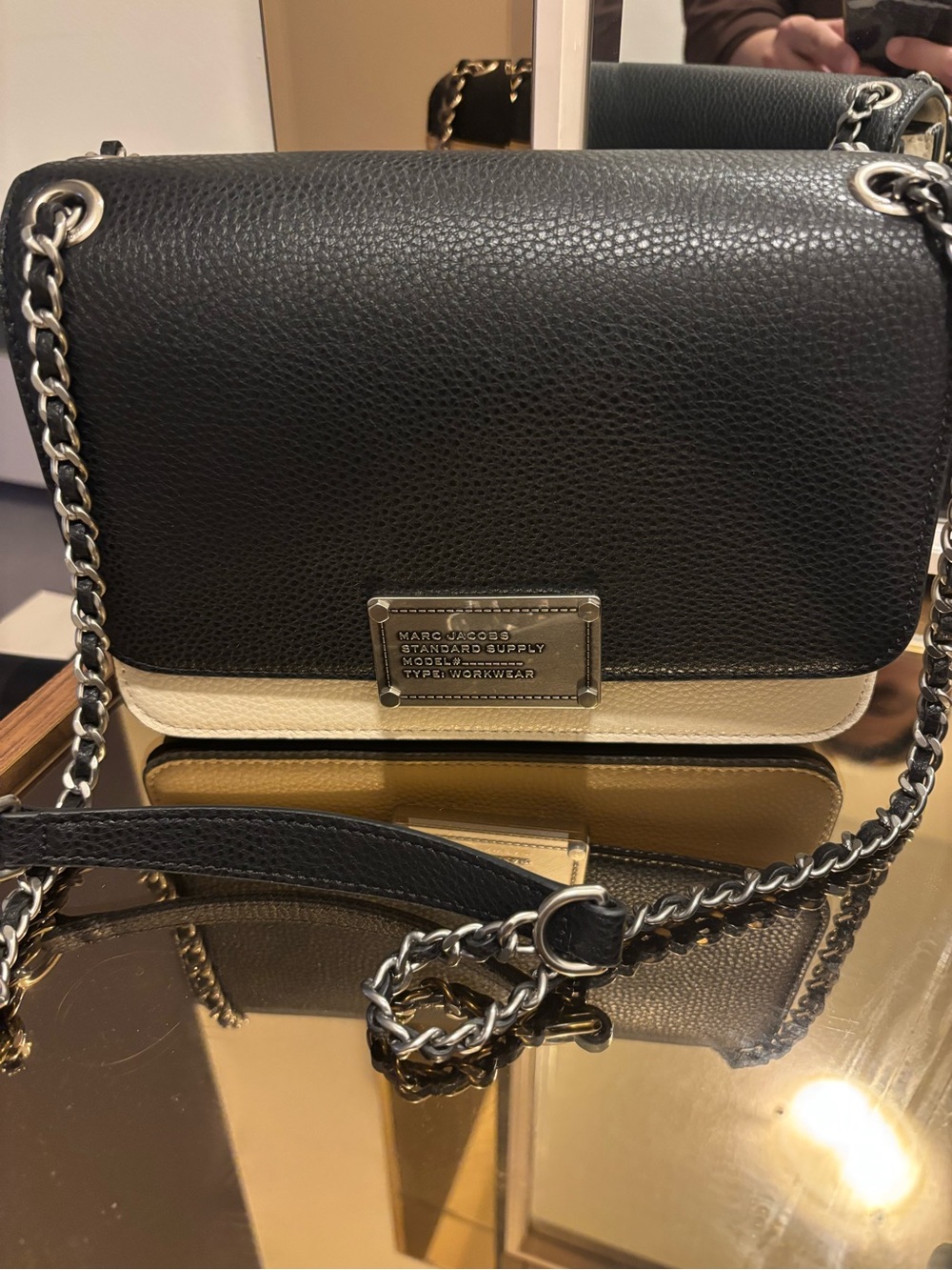 Marc Jacobs Black and Cream Chain Strap Pebbled Leather Crossbody